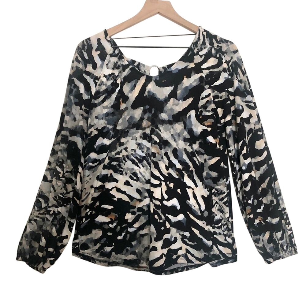 Cupio Black Blue White Orange Abstract Round Neck Long Sleeve Shirt Blouse Top